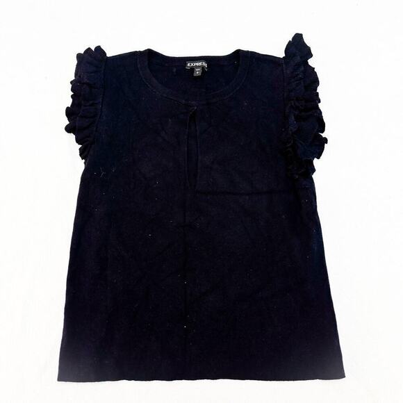 Express Black Ruffle Sleeve Keyhole Design Short Sleeve Sweater Top Size L MINT - Picture 1 of 4